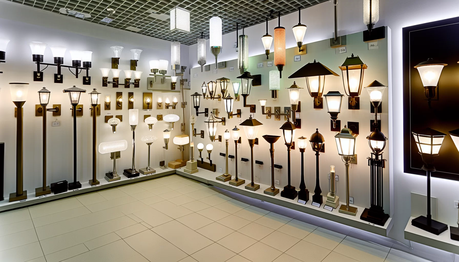 Outdoor light fixtures displayed in a showroom