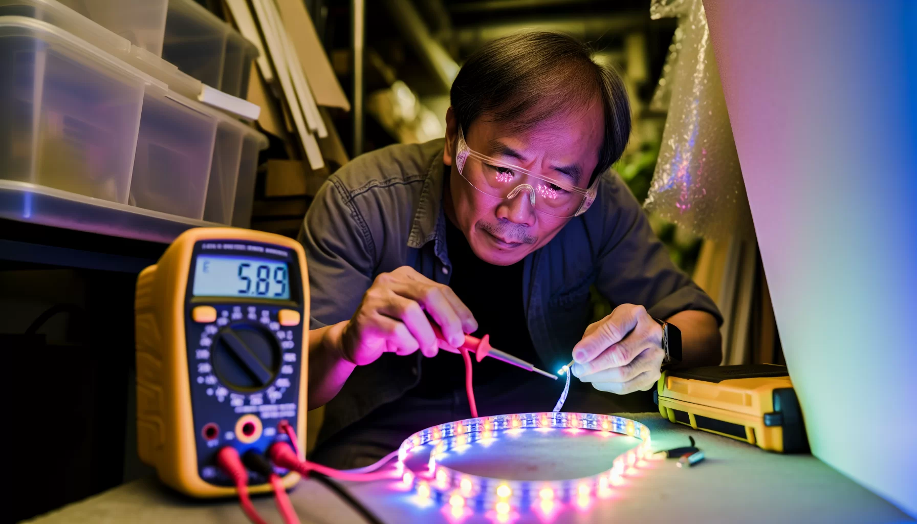 LED strip light being tested with a multimeter